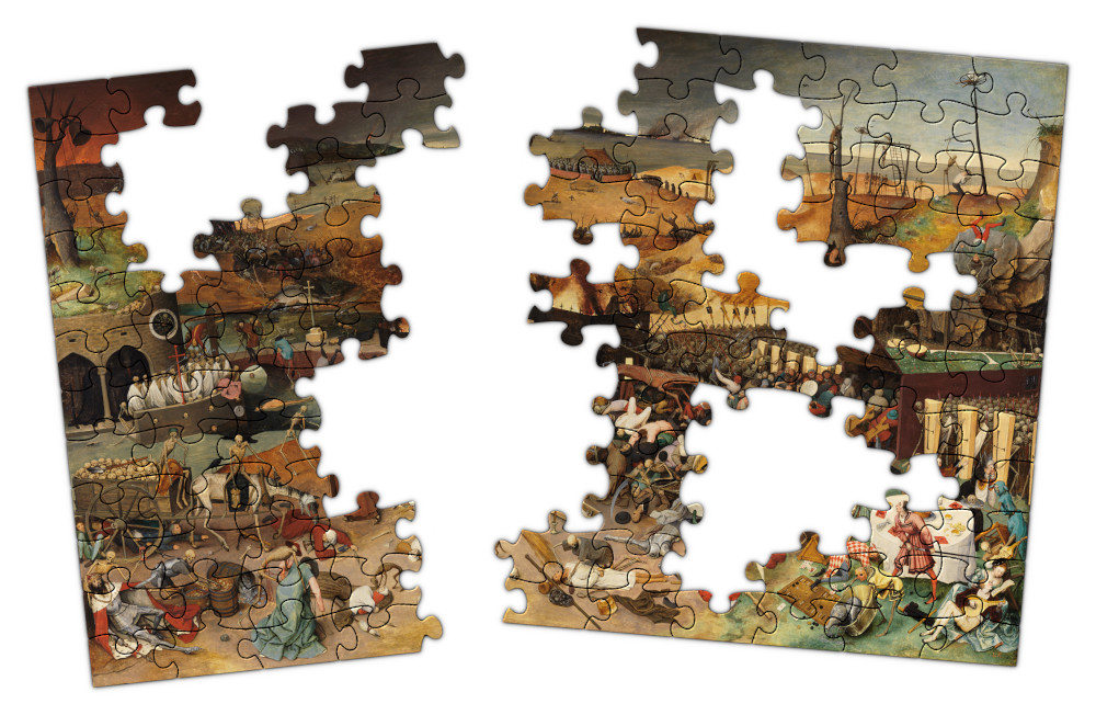 A game of Jigwar played with a 120-piece jigsaw of Bruegel's The Triumph of Death